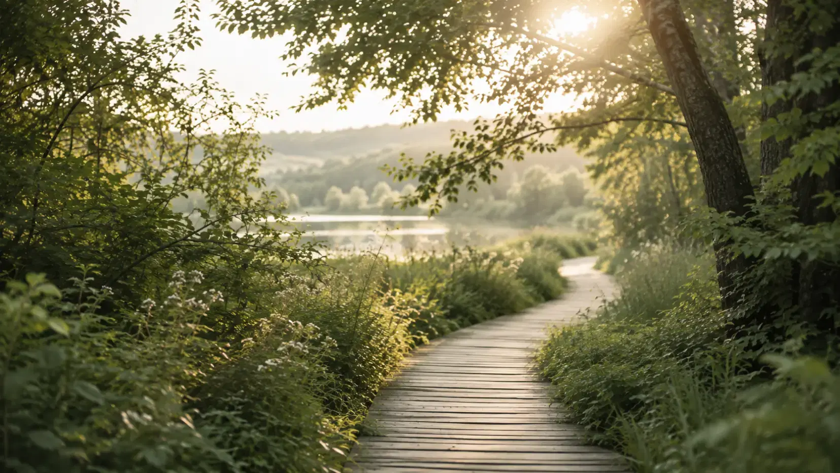 Sunlit woodland path beside a peaceful lake surrounded by green trees